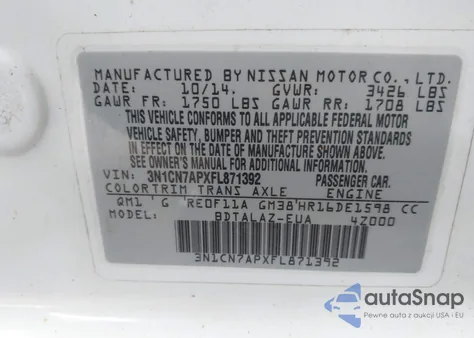 2015 Nissan Versa 1.6 S+ z USA, uszkodzony, nr VIN 3N1CN7APXFL871392